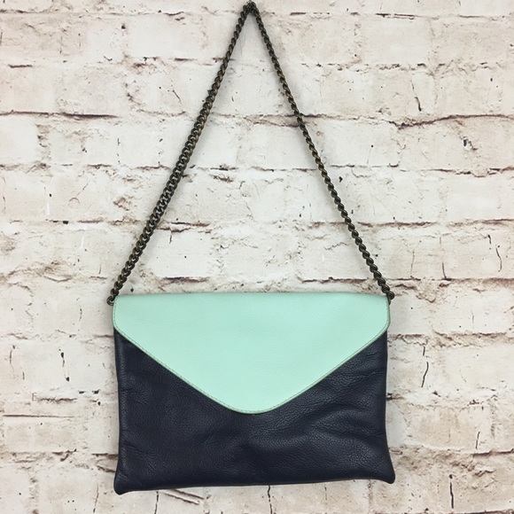 J Crew Green Blue Leather Envelope Chain Purse - Picture 2 of 8
